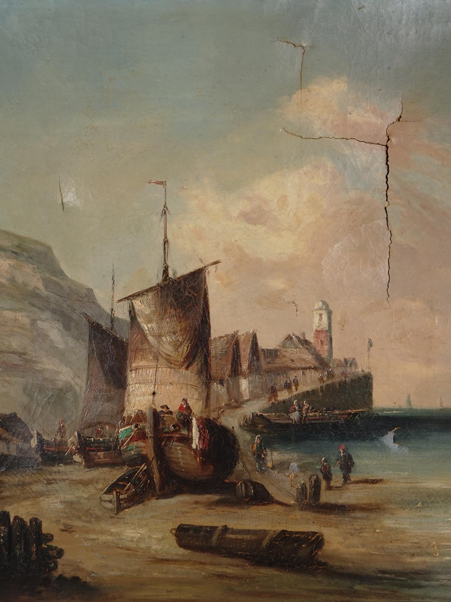 ANTIQUE OIL ON CANVAS PAINTING SEA PORT LANDSCAPE PIC-1